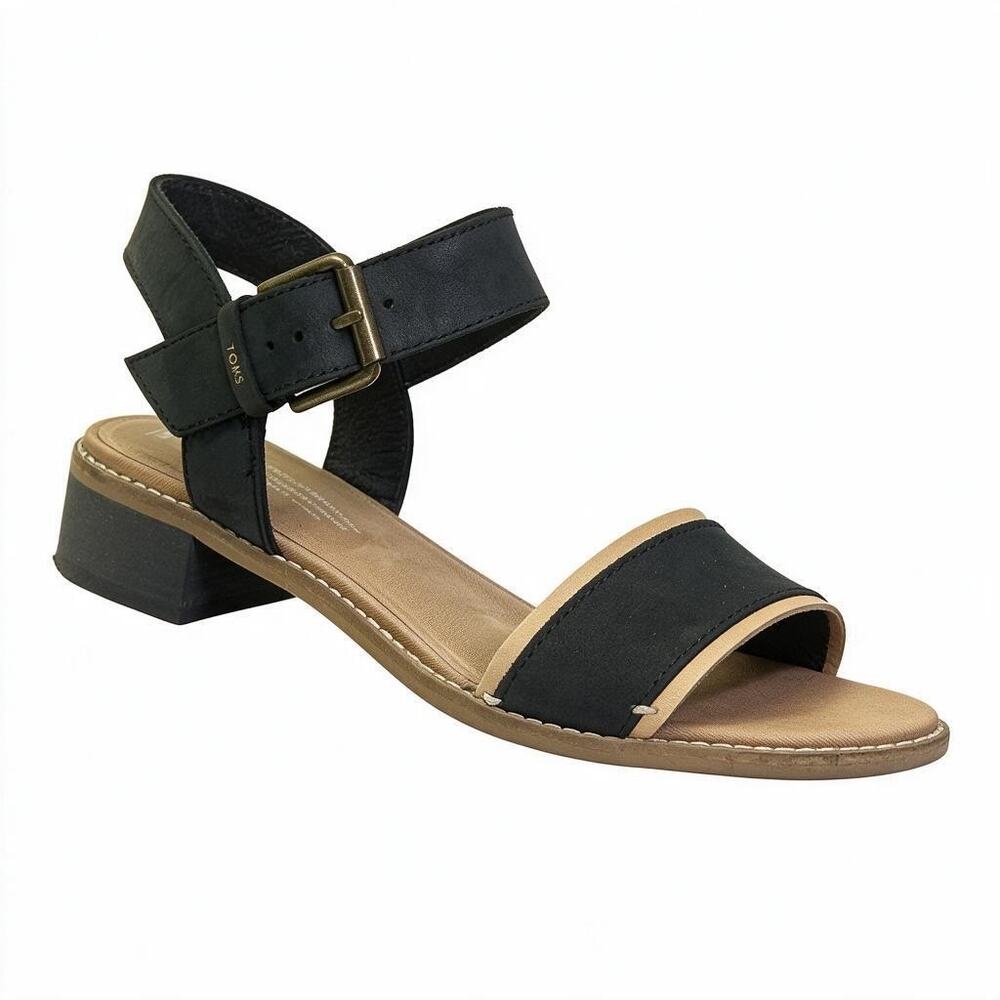 TOMS Camila Black Leather Block Heel Ankle Strap Sandals Size 8 With Box